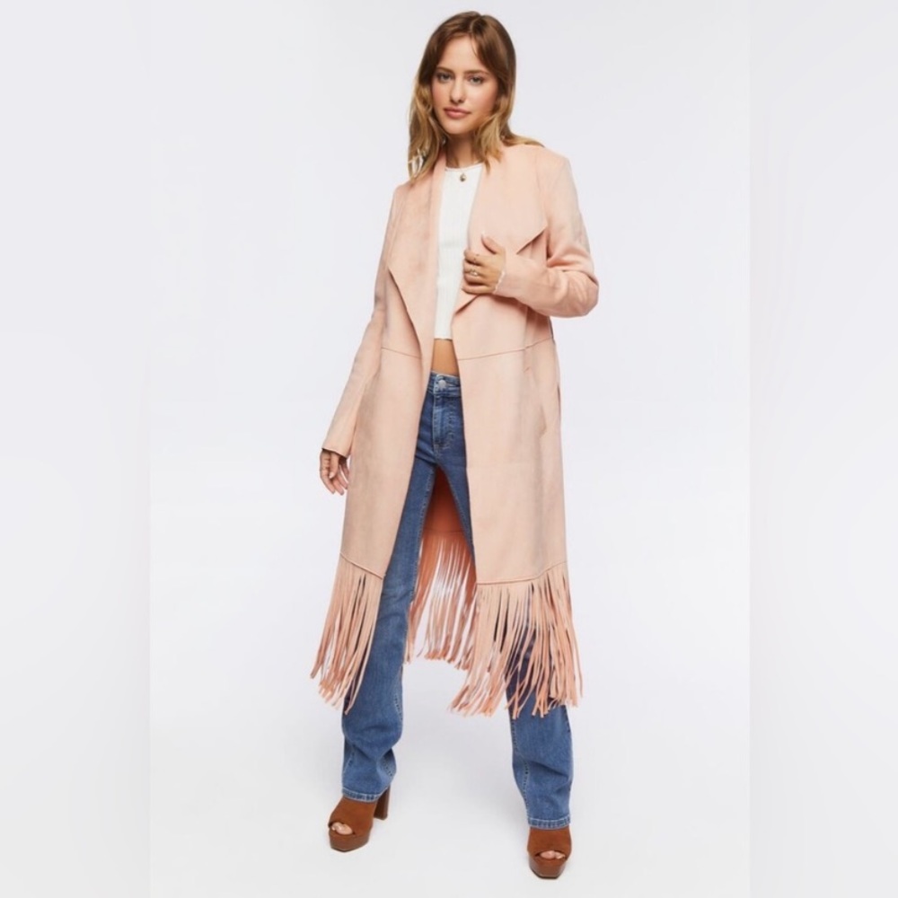 Long faux suede blush pink fringe coat!